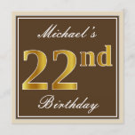 [ Thumbnail: Elegant, Brown, Faux Gold 22nd Birthday + Name Invitation ]