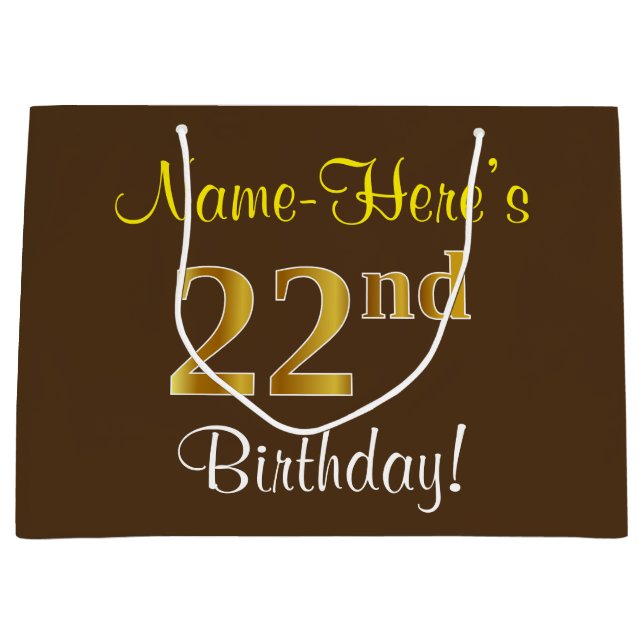 Elegant, Brown, Faux Gold 22nd Birthday + Name Large Gift Bag (Front)