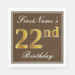 [ Thumbnail: Elegant Brown, Faux Gold 22nd Birthday + Name Napkins ]