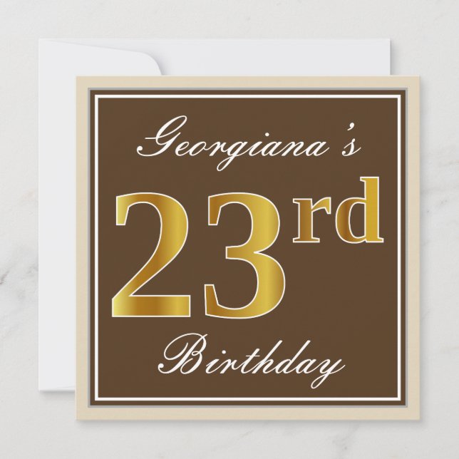 Elegant, Brown, Faux Gold 23rd Birthday + Name Invitation (Front)