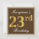 [ Thumbnail: Elegant, Brown, Faux Gold 23rd Birthday + Name Invitation ]