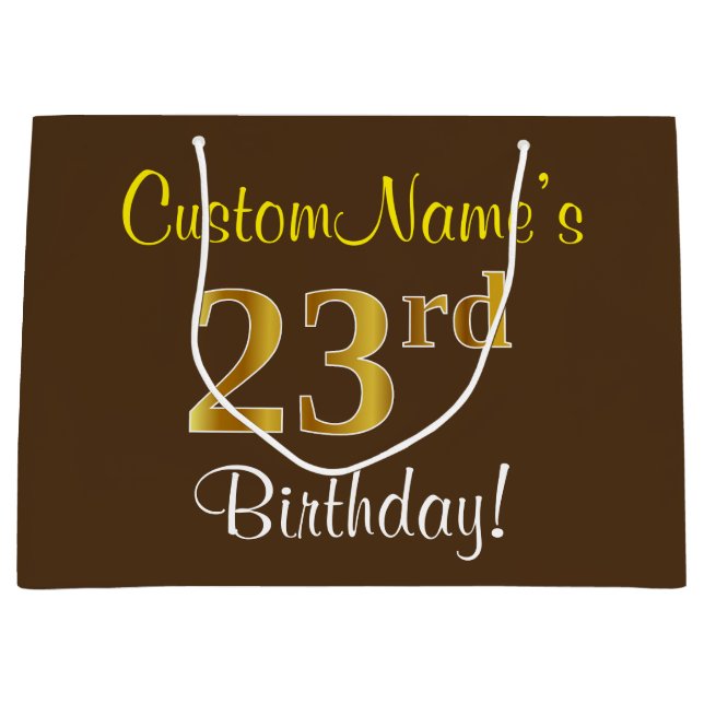 Elegant, Brown, Faux Gold 23rd Birthday + Name Large Gift Bag (Front)