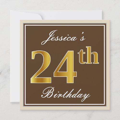 Elegant Brown Faux Gold 24th Birthday  Name Invitation