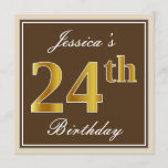 [ Thumbnail: Elegant, Brown, Faux Gold 24th Birthday + Name Invitation ]