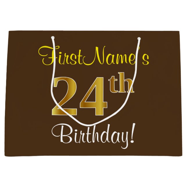 Elegant, Brown, Faux Gold 24th Birthday + Name Large Gift Bag (Front)