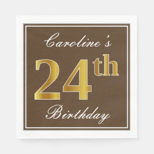Elegant Brown, Faux Gold 24th Birthday + Name Napkins