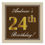 [ Thumbnail: Elegant, Brown, Faux Gold 24th Birthday + Name Poster ]