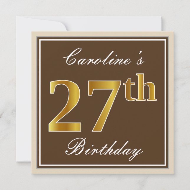 Elegant, Brown, Faux Gold 27th Birthday + Name Invitation (Front)