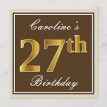 [ Thumbnail: Elegant, Brown, Faux Gold 27th Birthday + Name Invitation ]