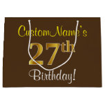 [ Thumbnail: Elegant, Brown, Faux Gold 27th Birthday + Name Gift Bag ]