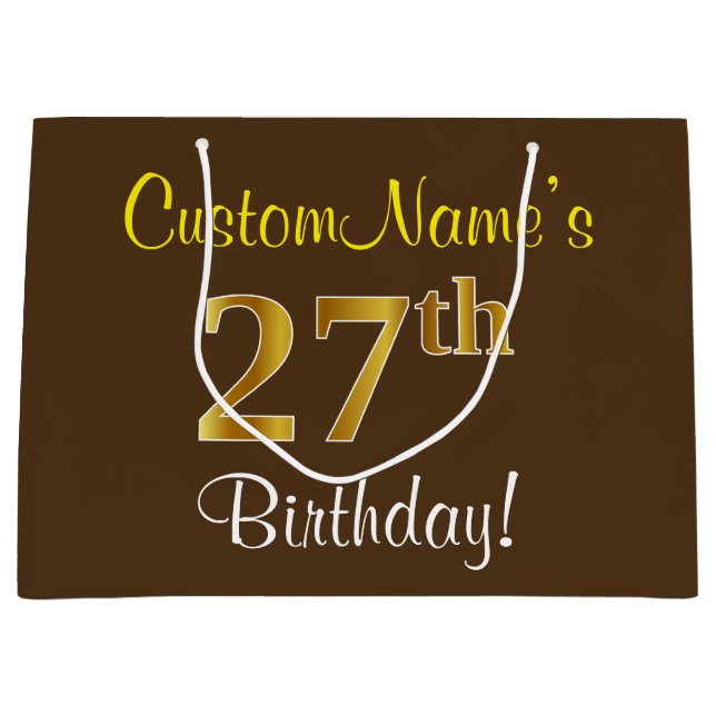 Elegant, Brown, Faux Gold 27th Birthday + Name Large Gift Bag (Front)