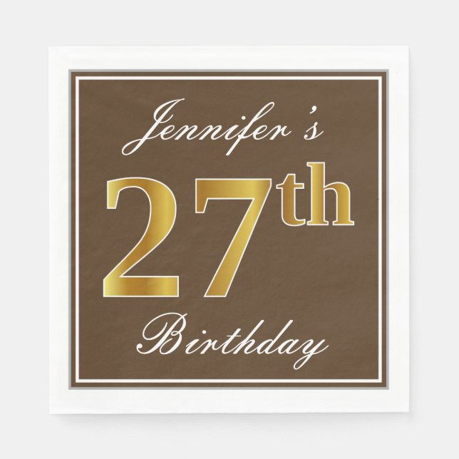 Elegant Brown, Faux Gold 27th Birthday + Name Napkins (Front)
