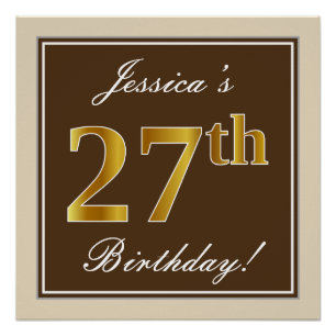 Elegant, Brown, Faux Gold 27th Birthday + Name Poster