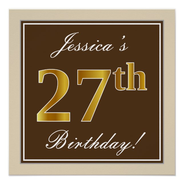 Elegant, Brown, Faux Gold 27th Birthday + Name Poster (Front)