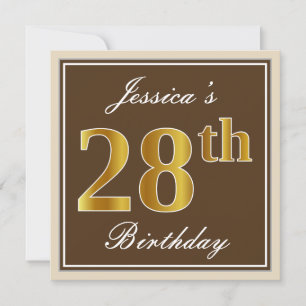 Elegant, Brown, Faux Gold 28th Birthday + Name Invitation
