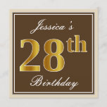 [ Thumbnail: Elegant, Brown, Faux Gold 28th Birthday + Name Invitation ]