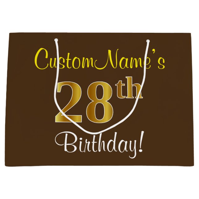 Elegant, Brown, Faux Gold 28th Birthday + Name Large Gift Bag (Front)