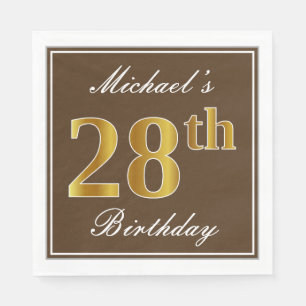 Elegant Brown, Faux Gold 28th Birthday + Name Napkins