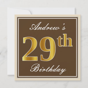 Elegant, Brown, Faux Gold 29th Birthday + Name Invitation