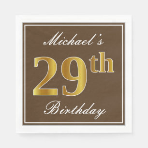 Elegant Brown, Faux Gold 29th Birthday + Name Napkins