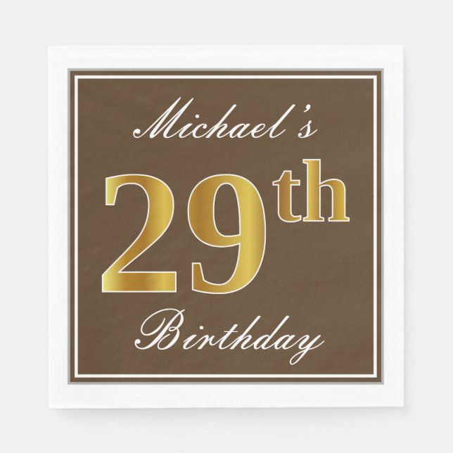 Elegant Brown, Faux Gold 29th Birthday + Name Napkins (Front)