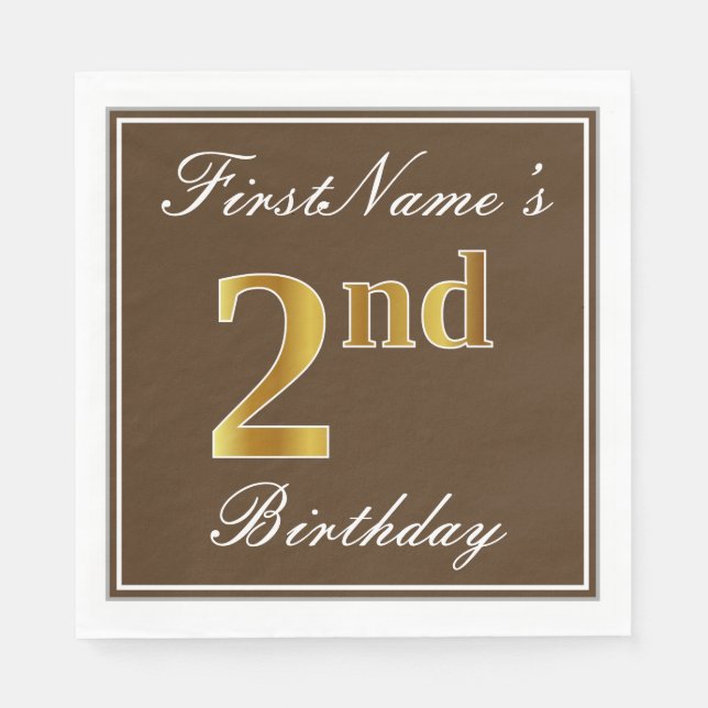 Elegant Brown, Faux Gold 2nd Birthday; Custom Name Napkins (Front)