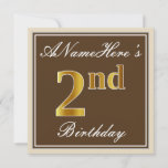 [ Thumbnail: Elegant, Brown, Faux Gold 2nd Birthday + Name Invitation ]