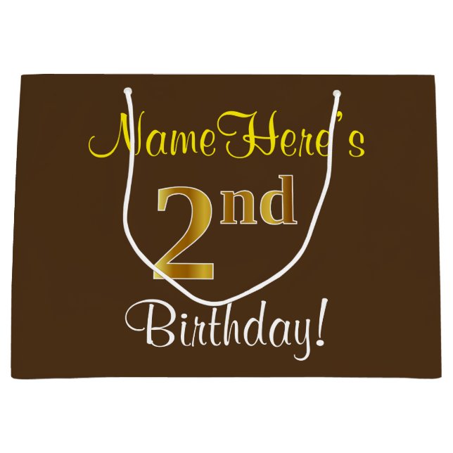 Elegant, Brown, Faux Gold 2nd Birthday + Name Large Gift Bag (Front)