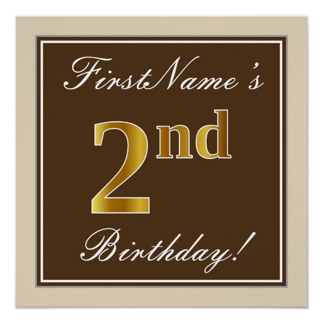 Elegant, Brown, Faux Gold 2nd Birthday + Name Poster (Front)