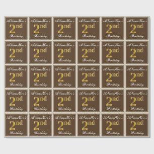 Elegant, Brown, Faux Gold 2nd Birthday + Name Wrapping Paper