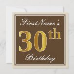 [ Thumbnail: Elegant, Brown, Faux Gold 30th Birthday + Name Invitation ]