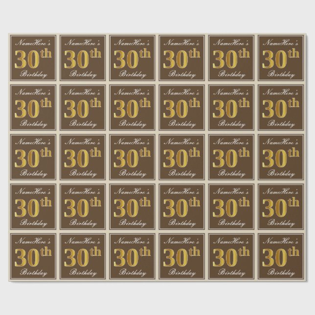 Elegant, Brown, Faux Gold 30th Birthday + Name Wrapping Paper (Flat)