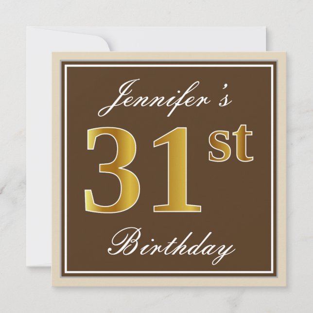Elegant, Brown, Faux Gold 31st Birthday + Name Invitation (Front)