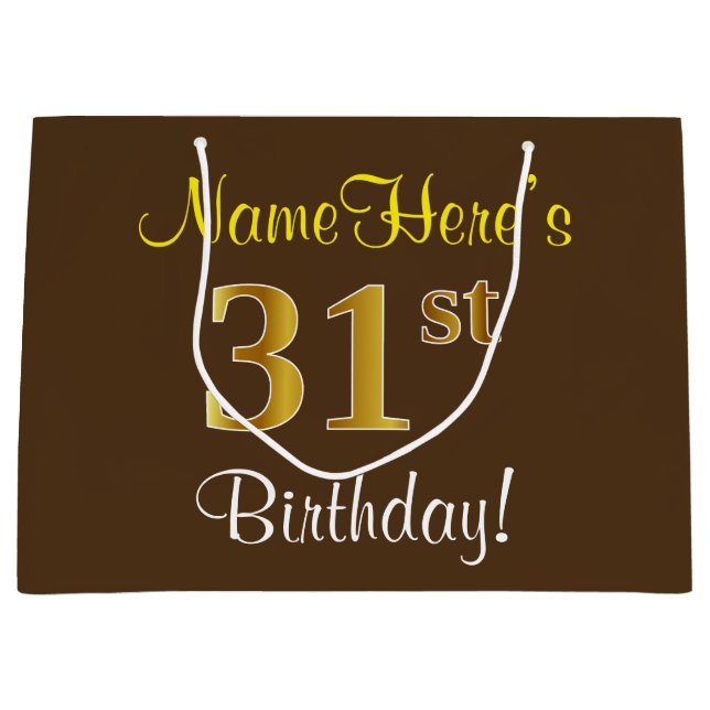 Elegant, Brown, Faux Gold 31st Birthday + Name Large Gift Bag (Front)