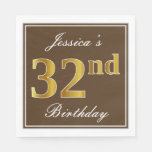 [ Thumbnail: Elegant Brown, Faux Gold 32nd Birthday + Name Napkin ]
