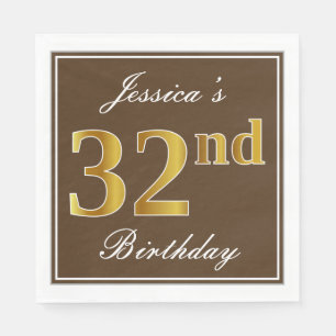 Elegant Brown, Faux Gold 32nd Birthday + Name Napkins