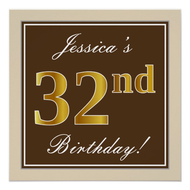 Elegant, Brown, Faux Gold 32nd Birthday + Name Poster (Front)