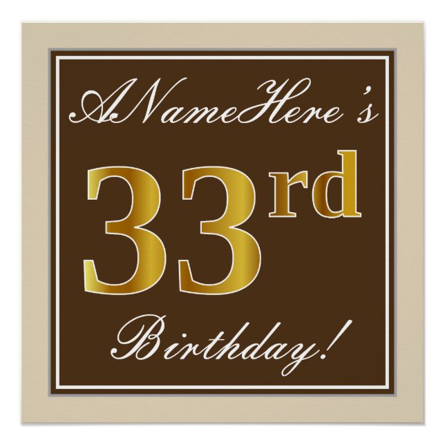 Elegant, Brown, Faux Gold 33rd Birthday + Name Poster (Front)