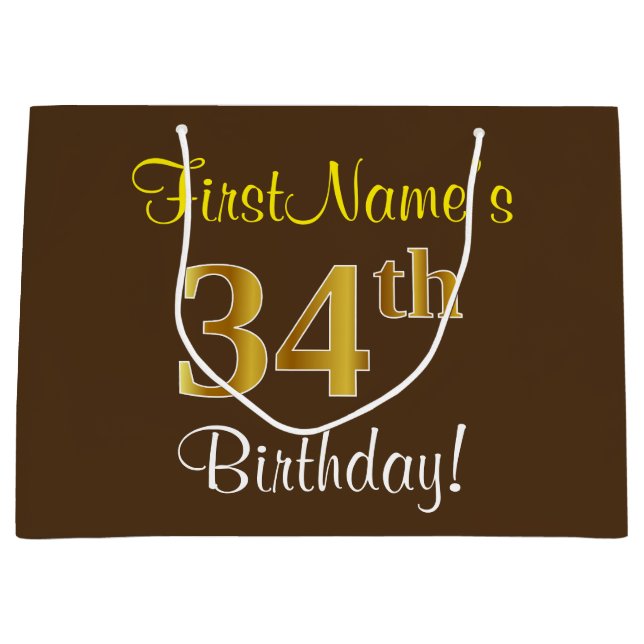 Elegant, Brown, Faux Gold 34th Birthday + Name Large Gift Bag (Front)