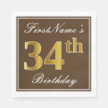 [ Thumbnail: Elegant Brown, Faux Gold 34th Birthday + Name Napkins ]