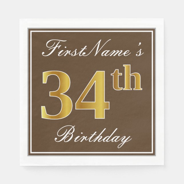 Elegant Brown, Faux Gold 34th Birthday + Name Napkins (Front)