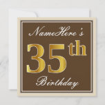 [ Thumbnail: Elegant, Brown, Faux Gold 35th Birthday + Name Invitation ]
