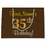 [ Thumbnail: Elegant, Brown, Faux Gold 35th Birthday + Name Gift Bag ]