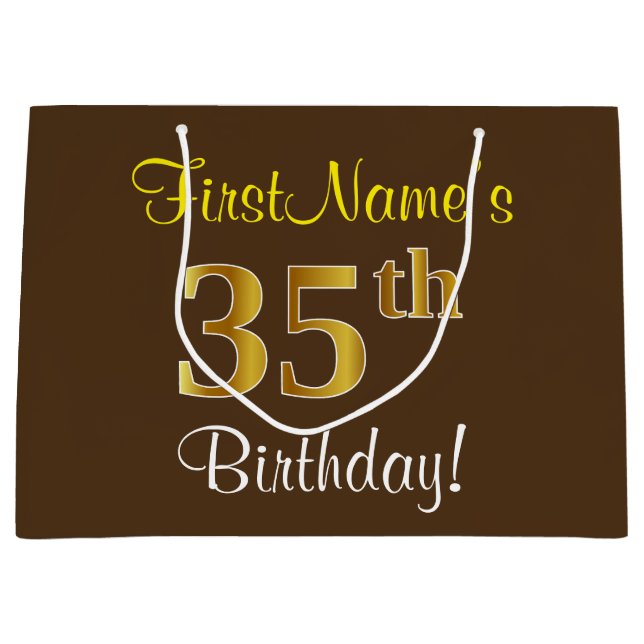 Elegant, Brown, Faux Gold 35th Birthday + Name Large Gift Bag (Front)