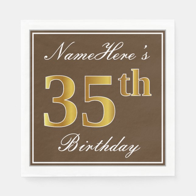 Elegant Brown, Faux Gold 35th Birthday + Name Paper Napkins (Front)