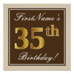 [ Thumbnail: Elegant, Brown, Faux Gold 35th Birthday + Name Poster ]