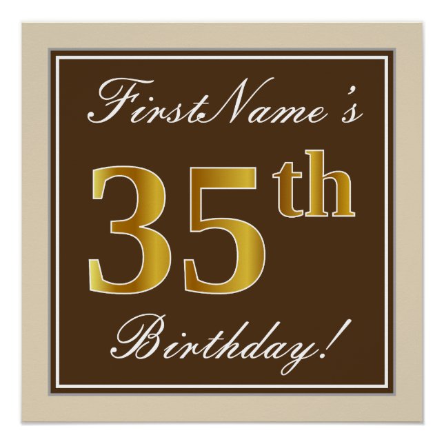 Elegant, Brown, Faux Gold 35th Birthday + Name Poster (Front)