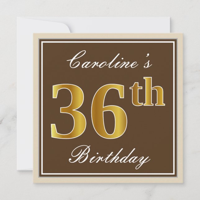 Elegant, Brown, Faux Gold 36th Birthday + Name Invitation (Front)