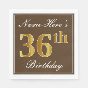 Elegant Brown, Faux Gold 36th Birthday + Name Napkins