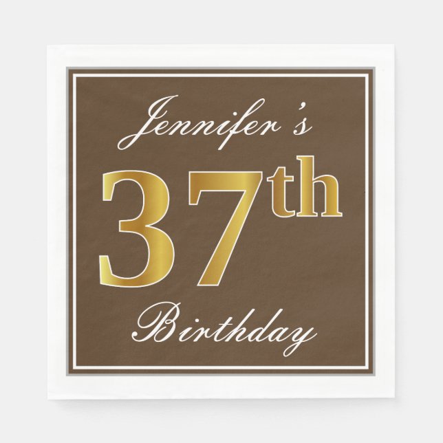 Elegant Brown, Faux Gold 37th Birthday + Name Napkins (Front)